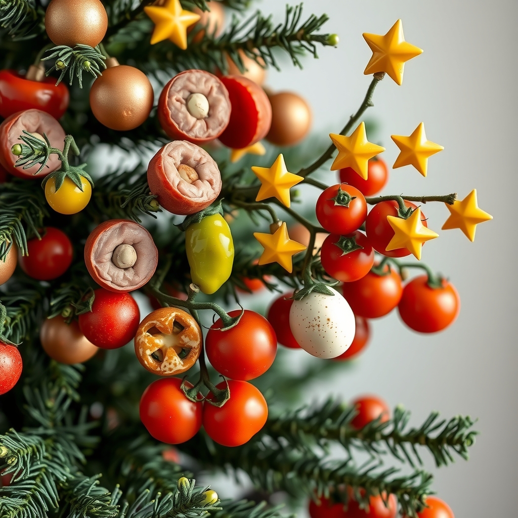 a christmas tree decorated with mini sausages pickles peppers radishes pretzels eggs and tomatoes by मुफ्त एआई छवि जनरेटर - बिना लॉगिन के✨ | AIGAZOU