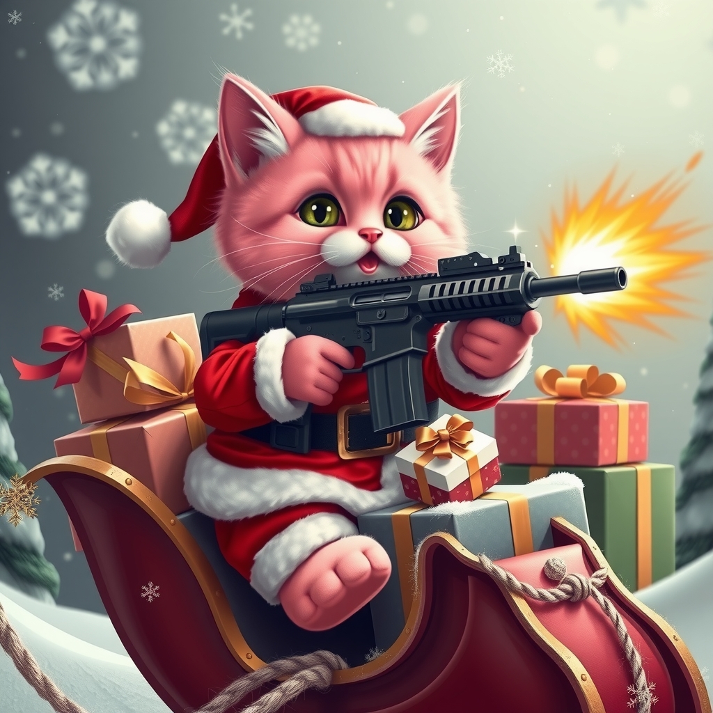 cute pink cat in santa uniform shooting gold christmas presents on sleigh by मुफ्त एआई छवि जनरेटर - बिना लॉगिन के✨ | AIGAZOU