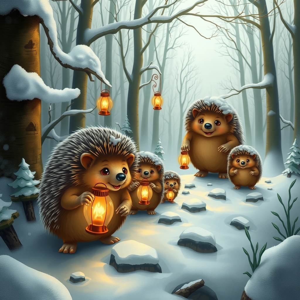 snowy fairy tale forest with hedgehog family by मुफ्त एआई छवि जनरेटर - बिना लॉगिन के✨ | AIGAZOU