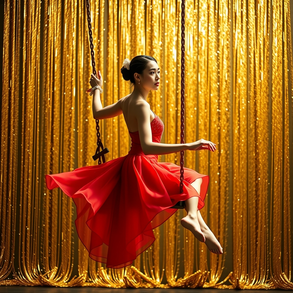 a golden background a dancer in a red dress sits on a swing by मुफ्त एआई छवि जनरेटर - बिना लॉगिन के✨ | AIGAZOU