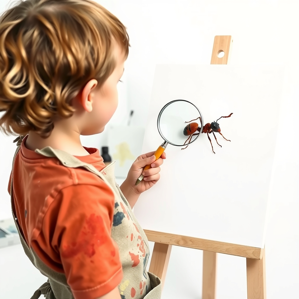 a 7 year old child wearing a paint stained apron paints a tiny ant by मुफ्त एआई छवि जनरेटर - बिना लॉगिन के✨ | AIGAZOU