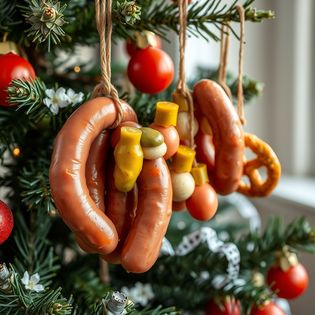 christmas tree decorated with smoked liver sausages pickles onions radishes pretzels mini tomatoes mustard mayonnaise ketchup by मुफ्त एआई छवि जनरेटर - बिना लॉगिन के✨ | AIGAZOU