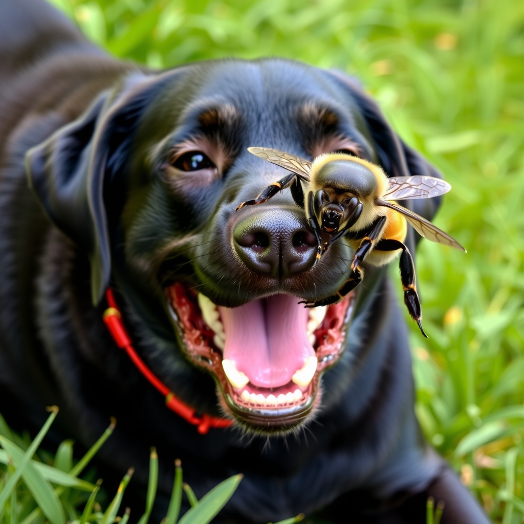 black labrador dog plays with bee by मुफ्त एआई छवि जनरेटर - बिना लॉगिन के✨ | AIGAZOU