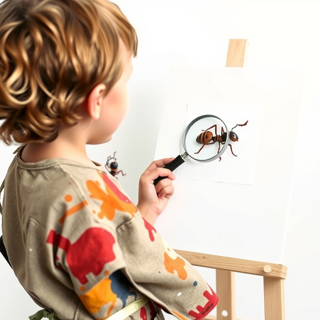 a 7 year old child wearing a paint stained apron paints a tiny ant on a blank white background holding by मुफ्त एआई छवि जनरेटर - बिना लॉगिन के✨ | AIGAZOU