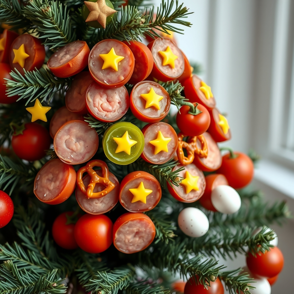 a christmas tree decorated with mini sausages pickles peppers radishes pretzels eggs and tomatoes by मुफ्त एआई छवि जनरेटर - बिना लॉगिन के✨ | AIGAZOU