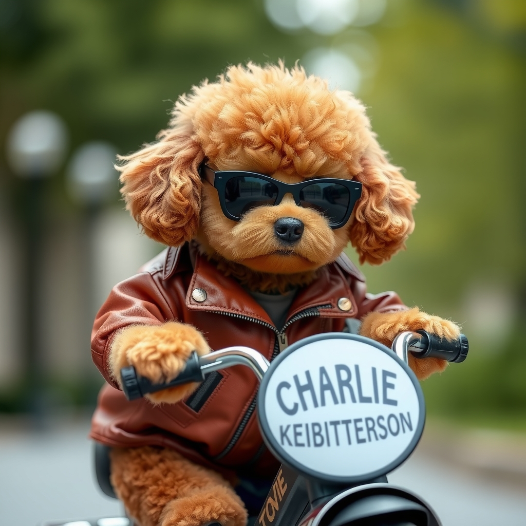 a brown poodle wearing a leather jacket and driving a tricycle by मुफ्त एआई छवि जनरेटर - बिना लॉगिन के✨ | AIGAZOU