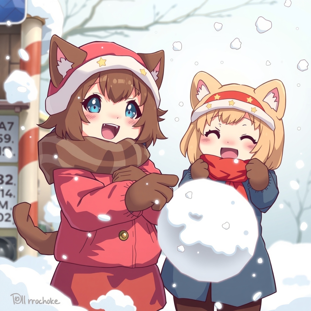 anime style anthropomorphic cute cat girl dog girl bear girl snow fight by मुफ्त एआई छवि जनरेटर - बिना लॉगिन के✨ | AIGAZOU