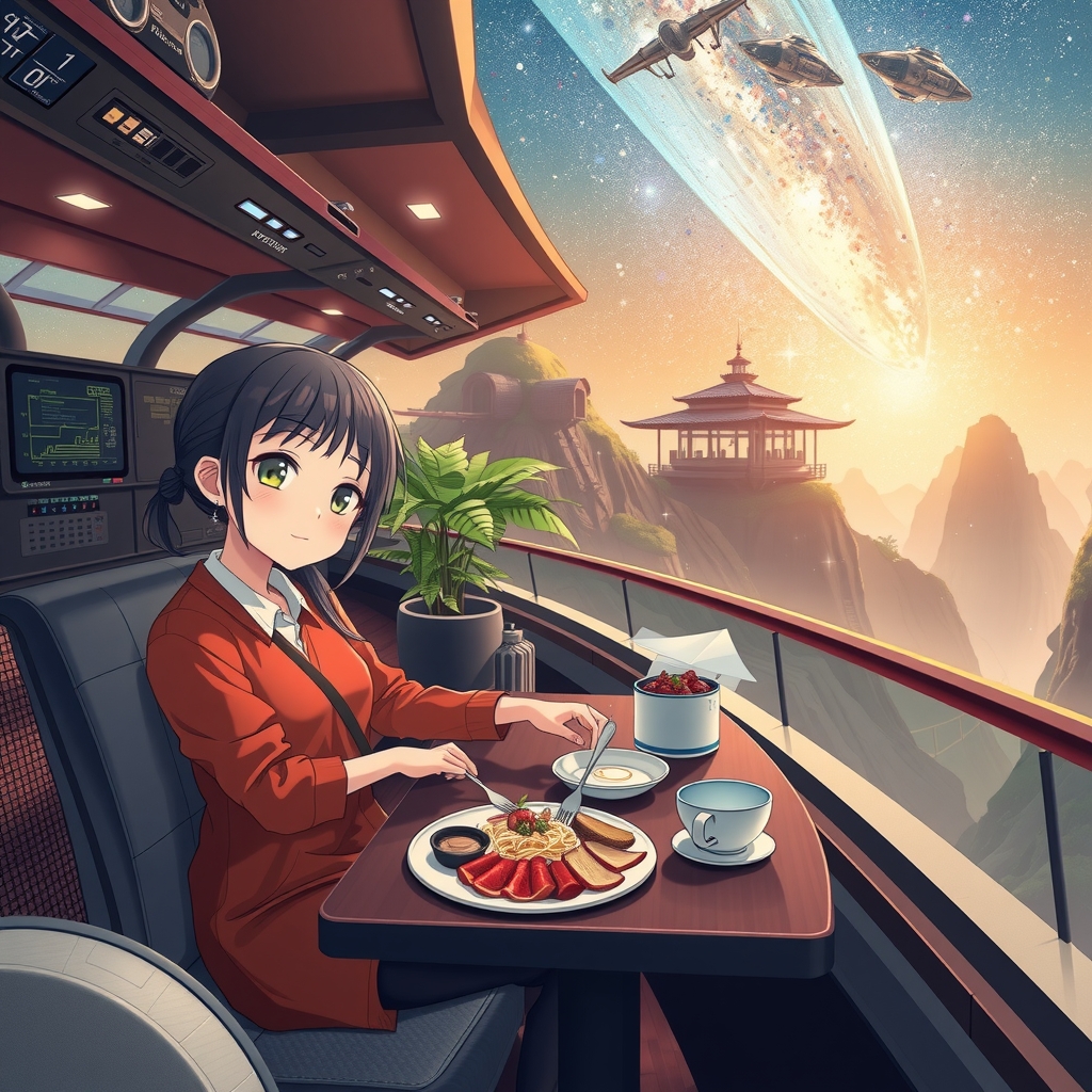 future high tech vacation delicious food anime girl advanced tech humans fly sky houses outer space stars by मुफ्त एआई छवि जनरेटर - बिना लॉगिन के✨ | AIGAZOU