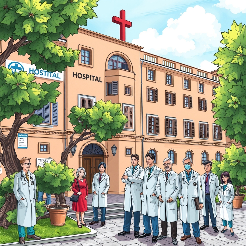 italian hospital exterior and colorful illustrations of many doctors by मुफ्त एआई छवि जनरेटर - बिना लॉगिन के✨ | AIGAZOU