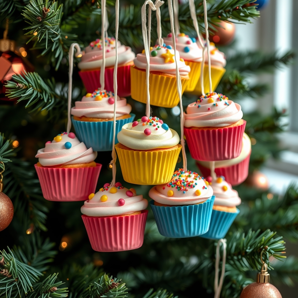 large christmas tree hangs small colorful muffins decorated by मुफ्त एआई छवि जनरेटर - बिना लॉगिन के✨ | AIGAZOU