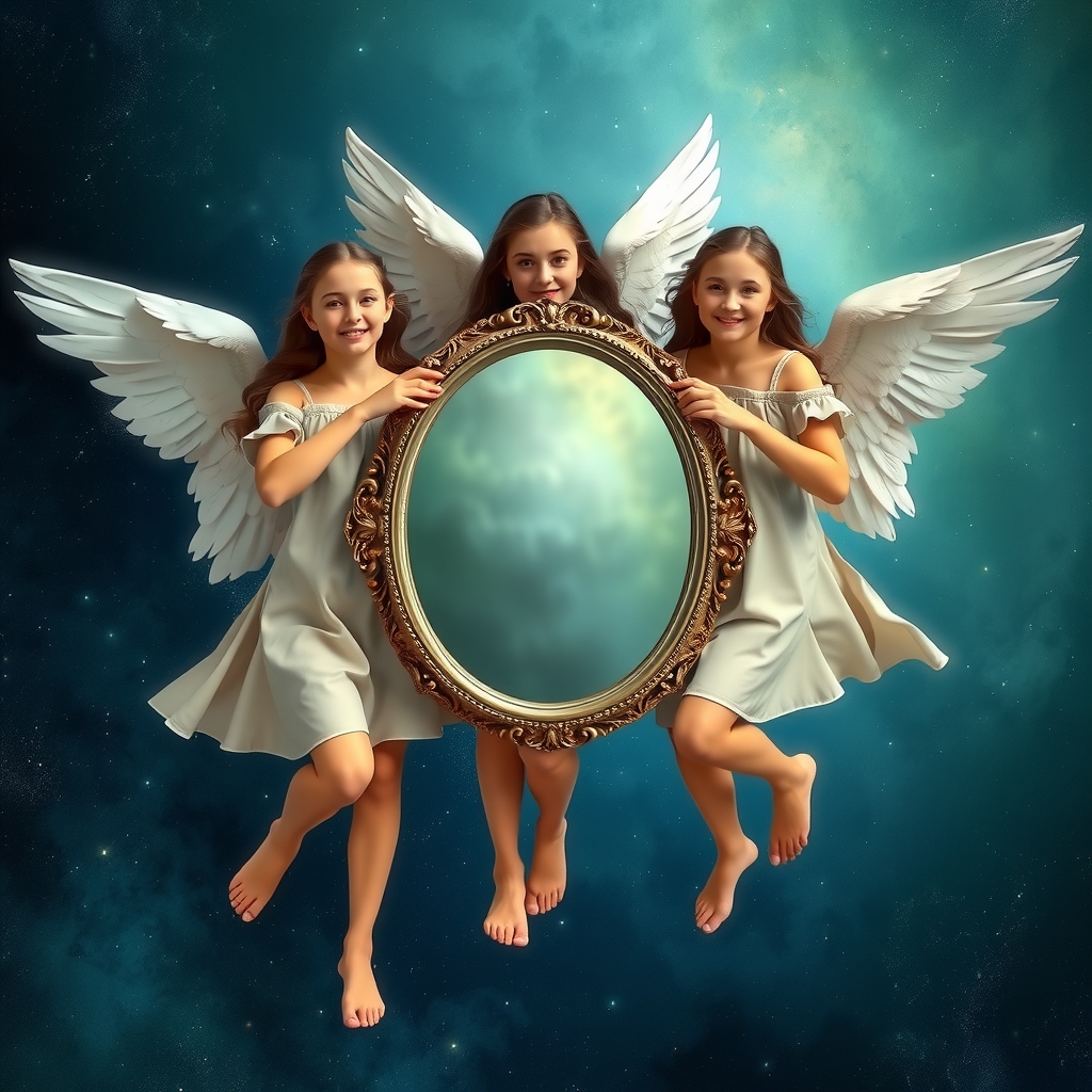 three angels in the universe hold an oval old mirror by मुफ्त एआई छवि जनरेटर - बिना लॉगिन के✨ | AIGAZOU