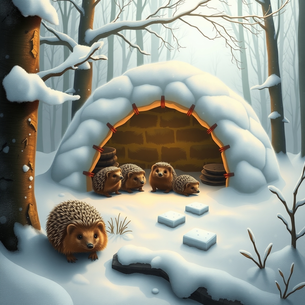 snowy fairy tale forest with hedgehog family by मुफ्त एआई छवि जनरेटर - बिना लॉगिन के✨ | AIGAZOU