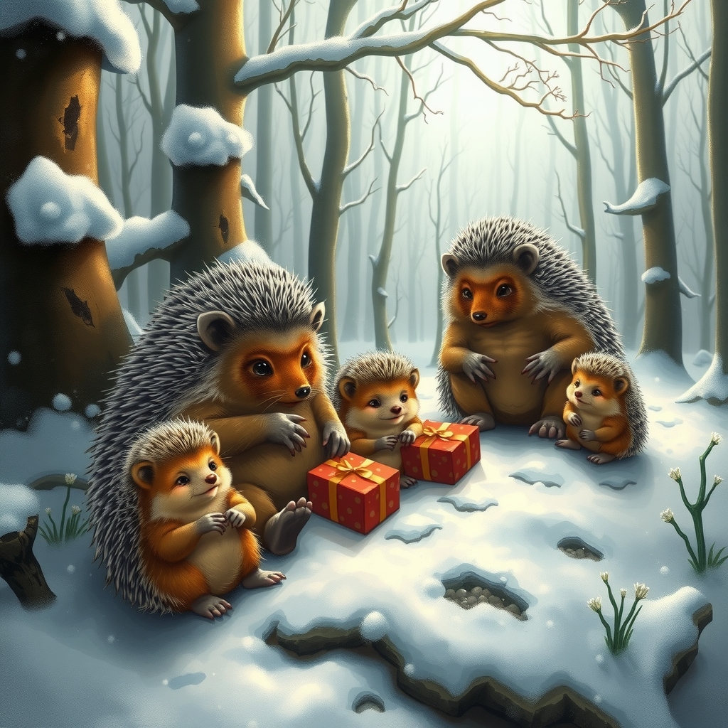 snowy fairy tale forest with hedgehog family by मुफ्त एआई छवि जनरेटर - बिना लॉगिन के✨ | AIGAZOU