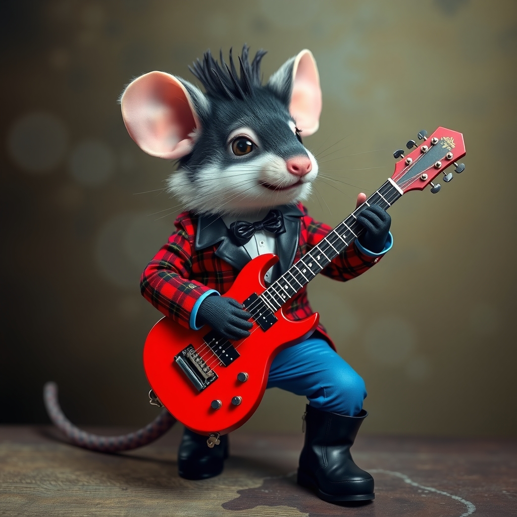 a black and white spotted mouse with punk hair in a red checkered shirt blue pants and black leather boots by मुफ्त एआई छवि जनरेटर - बिना लॉगिन के✨ | AIGAZOU