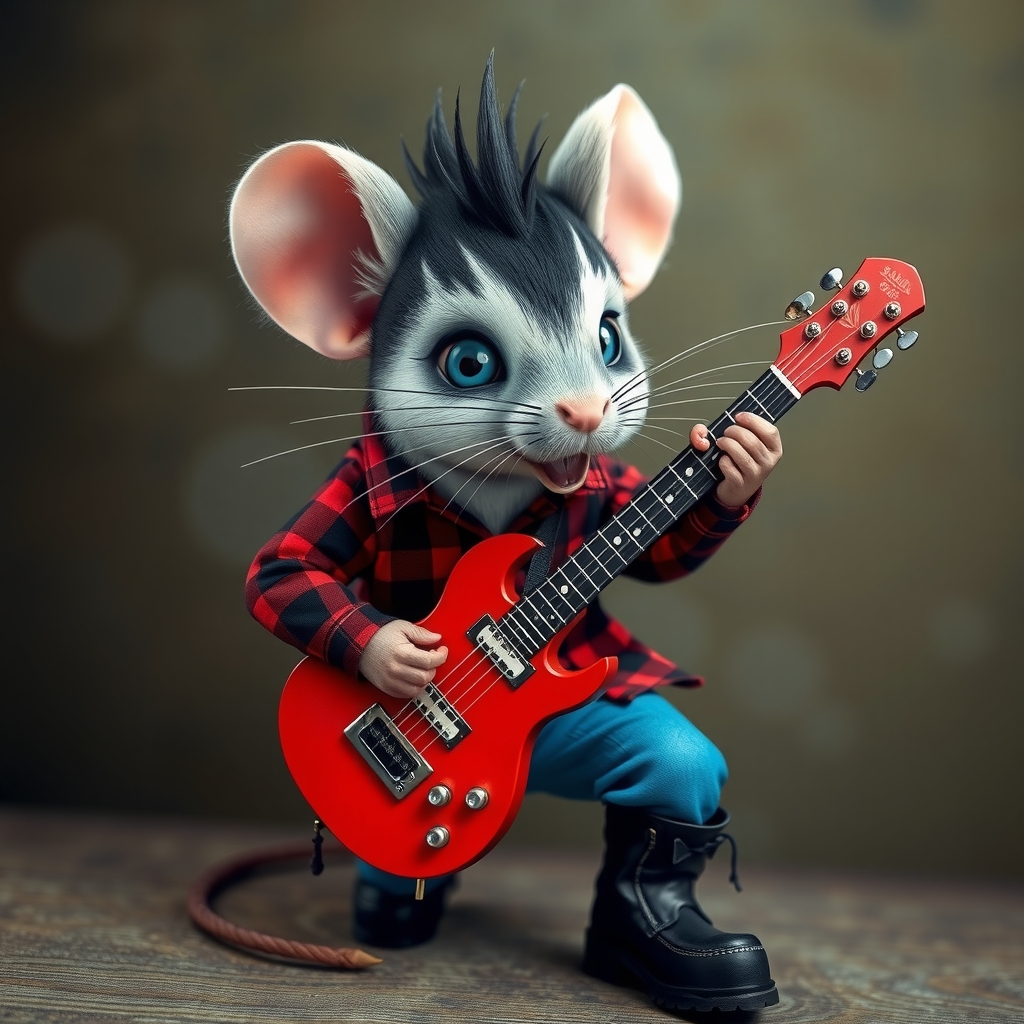 a black and white spotted mouse with blue eyes plays guitar by मुफ्त एआई छवि जनरेटर - बिना लॉगिन के✨ | AIGAZOU