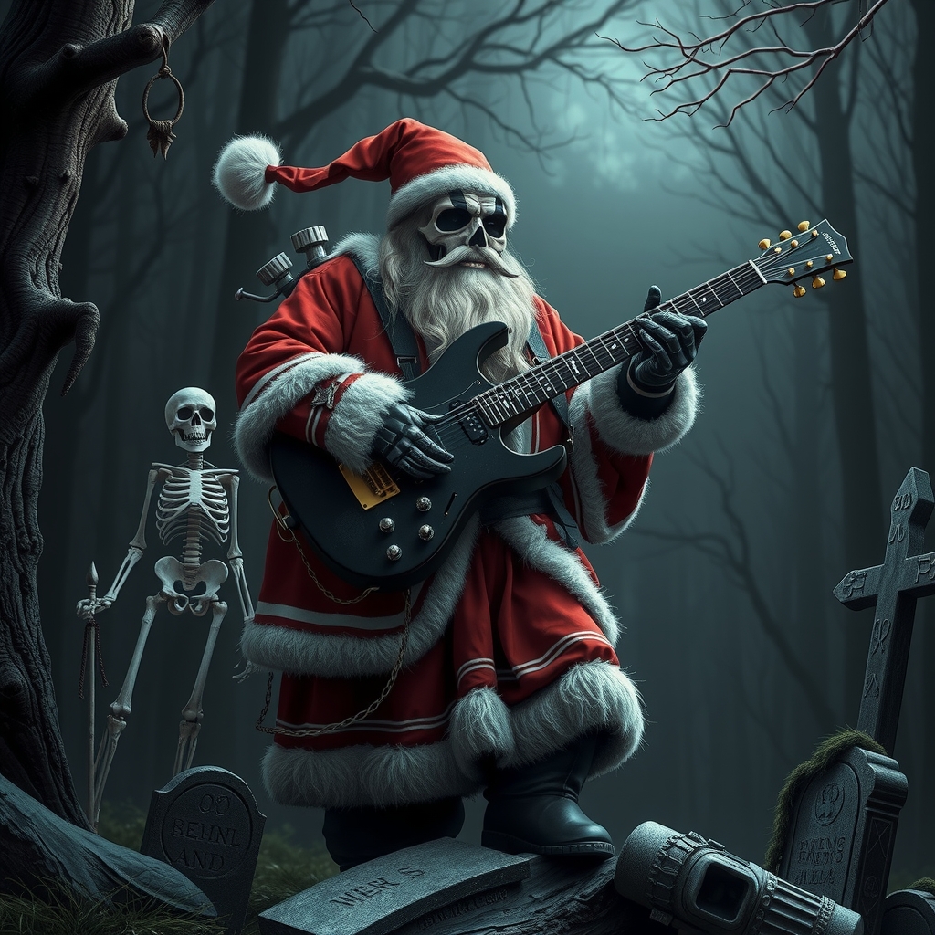 dark metal santa playing guitar in forest by मुफ्त एआई छवि जनरेटर - बिना लॉगिन के✨ | AIGAZOU