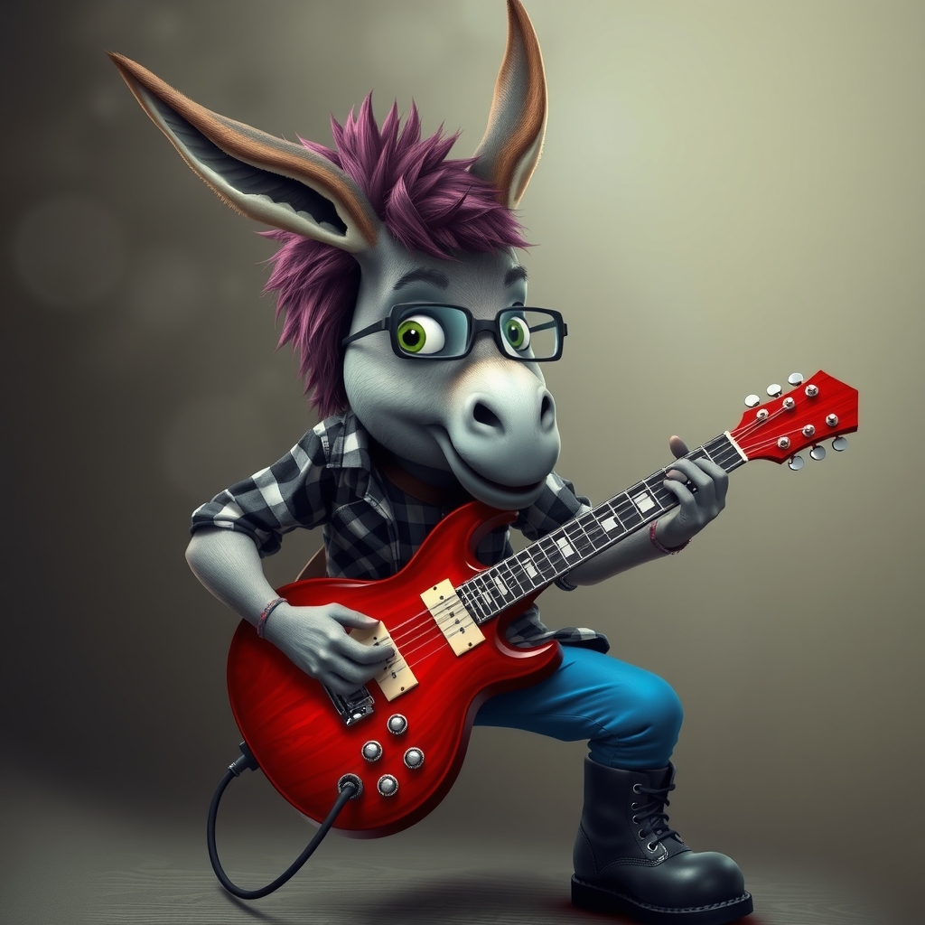 a green eyed punk haired donkey in checkered shirt blue pants and black boots plays guitar with square glasses by मुफ्त एआई छवि जनरेटर - बिना लॉगिन के✨ | AIGAZOU