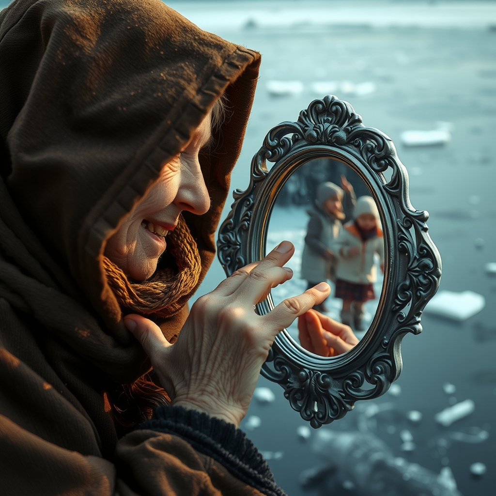 an old woman with worn brown cloak touches a silver framed shiny mirror by the ice lake in a fairy by मुफ्त एआई छवि जनरेटर - बिना लॉगिन के✨ | AIGAZOU