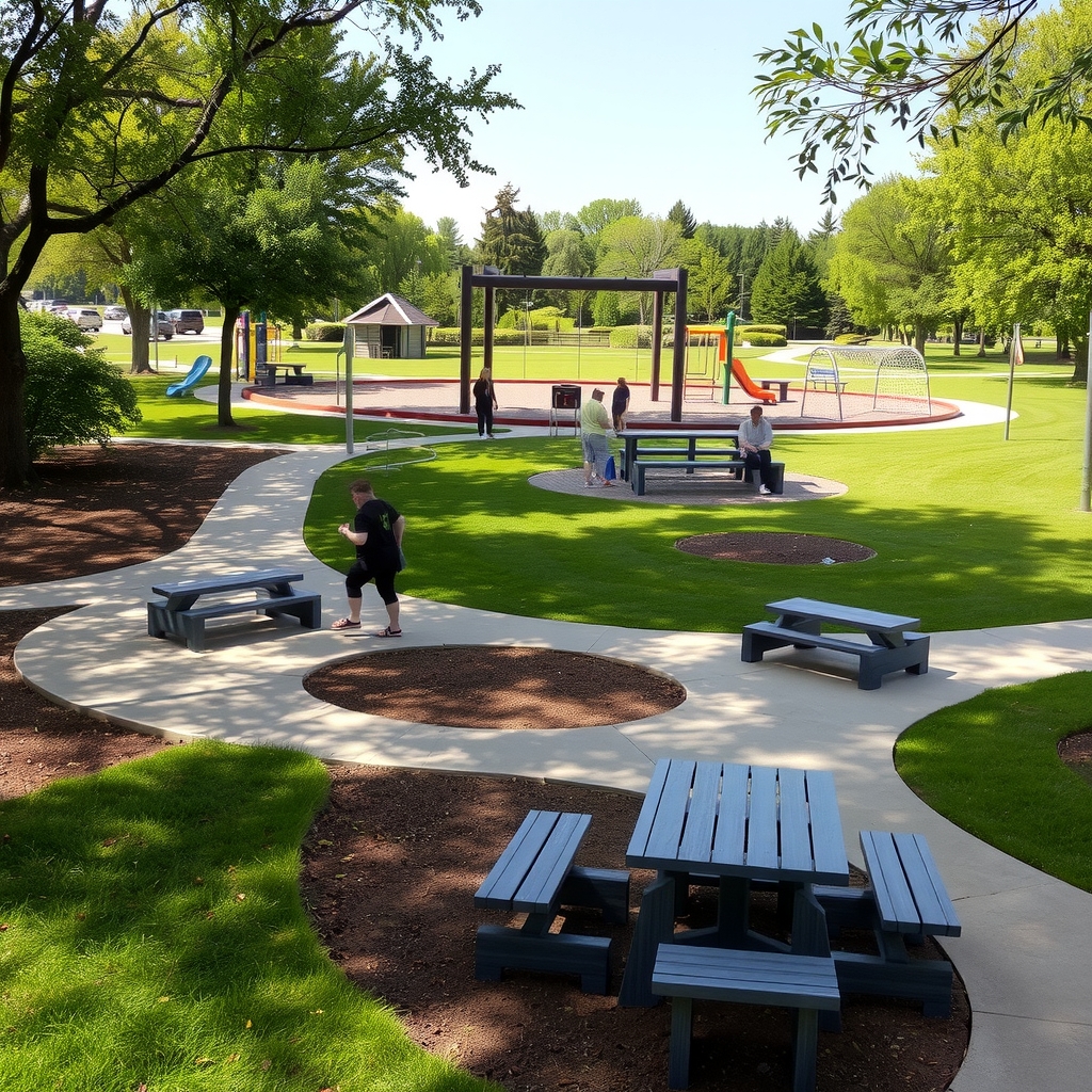 large park with various uses playground picnic benches outdoor kitchen sports equipment people by मुफ्त एआई छवि जनरेटर - बिना लॉगिन के✨ | AIGAZOU