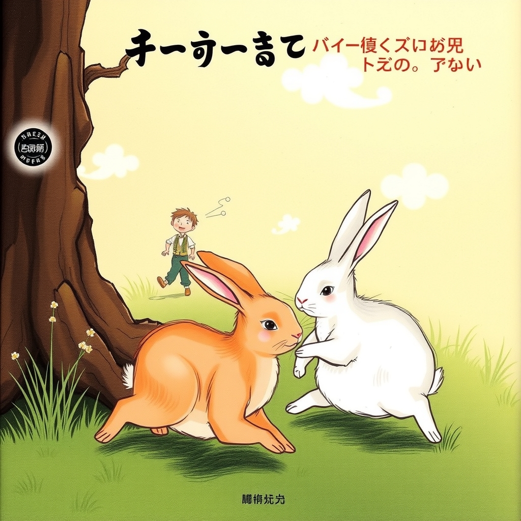 two rabbits chasing man proverb japan picture book by मुफ्त एआई छवि जनरेटर - बिना लॉगिन के✨ | AIGAZOU