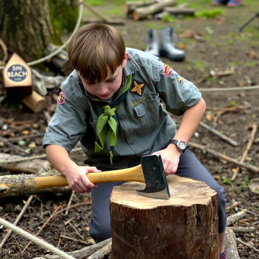 scout chopping wood with axe in uniform by मुफ्त एआई छवि जनरेटर - बिना लॉगिन के✨ | AIGAZOU