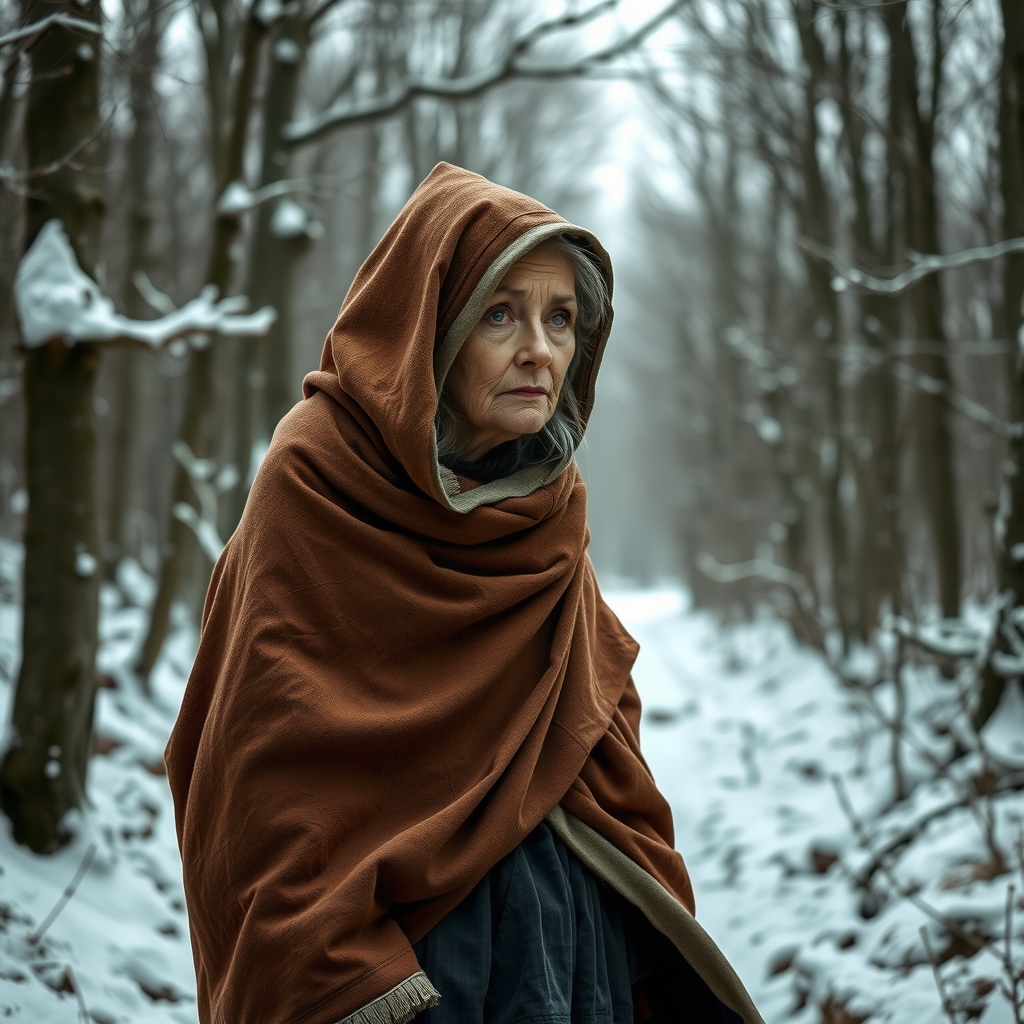 an old woman in a worn brown cloak walks through a snowy forest by Générateur d'images par IA gratuit - Aucune connexion nécessaire✨ | AIGAZOU