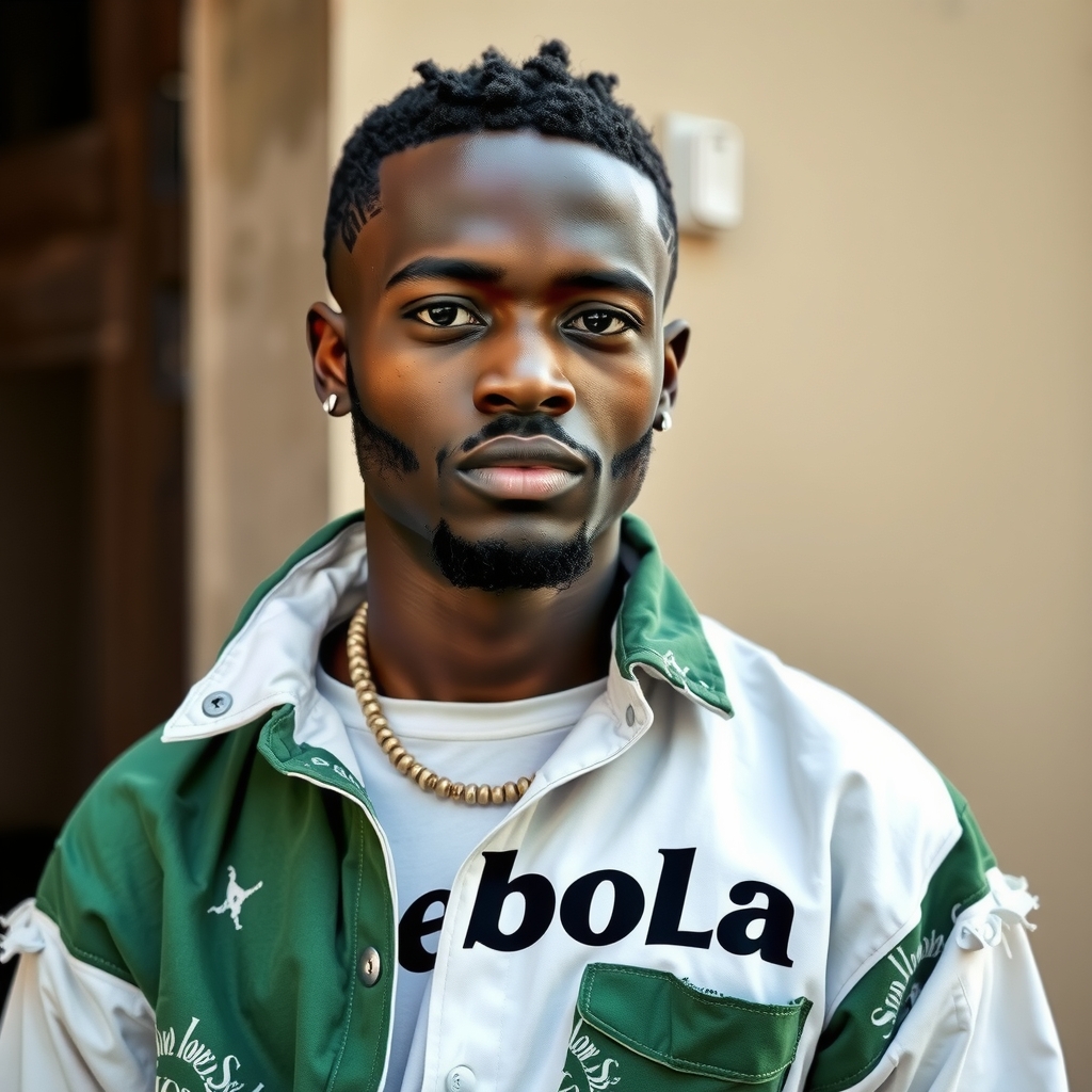 a black man dressed in zebola brand green and white clothes are torn but stylish by मुफ्त एआई छवि जनरेटर - बिना लॉगिन के✨ | AIGAZOU