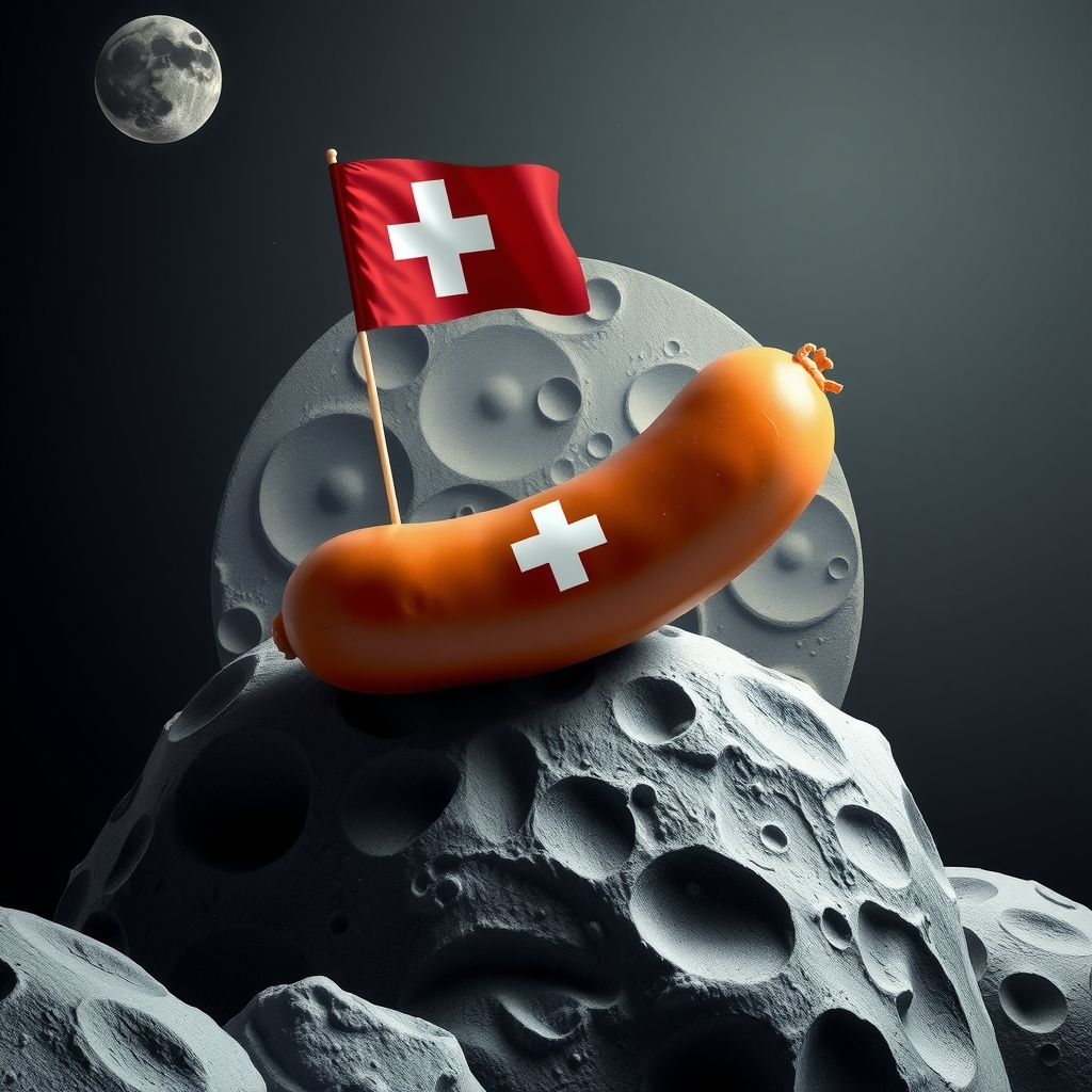 a sausage on the moon with a swiss flag by मुफ्त एआई छवि जनरेटर - बिना लॉगिन के✨ | AIGAZOU