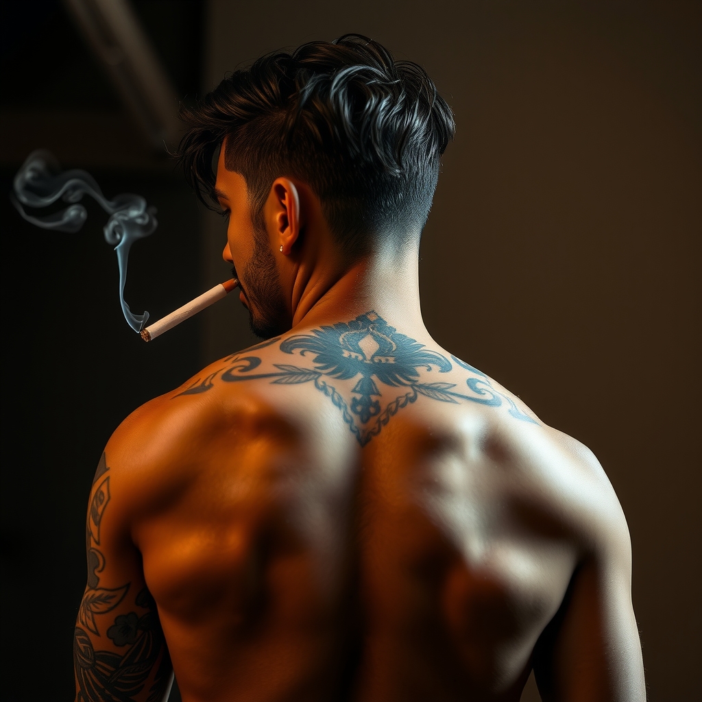 muscled man with tattoos smoking by मुफ्त एआई छवि जनरेटर - बिना लॉगिन के✨ | AIGAZOU