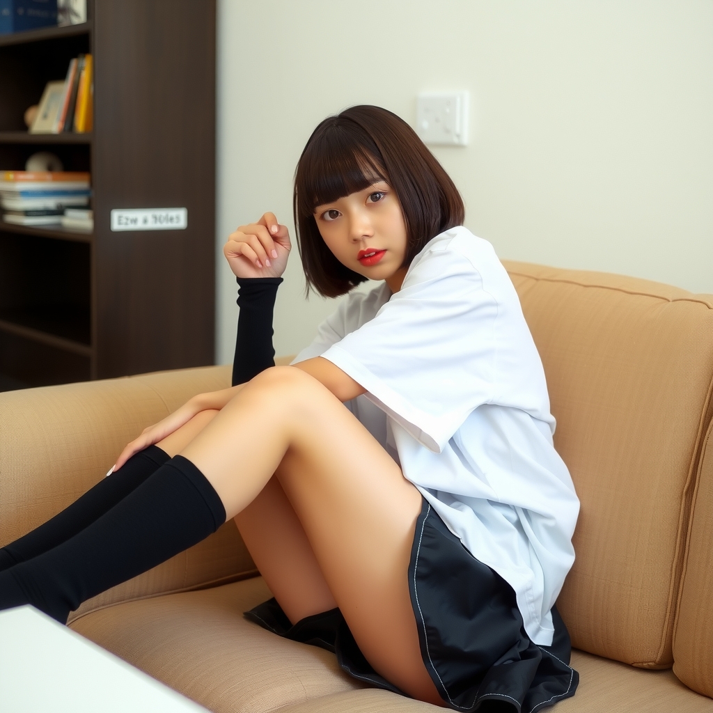 black knee high socks miniskirt camera eyes japanese bob cut white t shirt spoiled middle schooler sitting on sofa no by Générateur d'images par IA gratuit - Aucune connexion nécessaire✨ | AIGAZOU