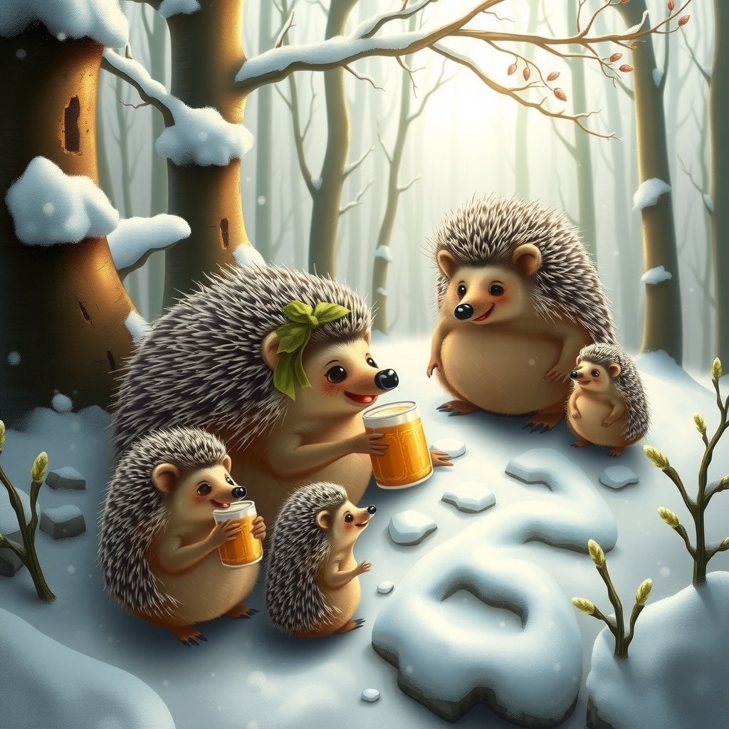 snowy fairy tale forest with hedgehog family by मुफ्त एआई छवि जनरेटर - बिना लॉगिन के✨ | AIGAZOU