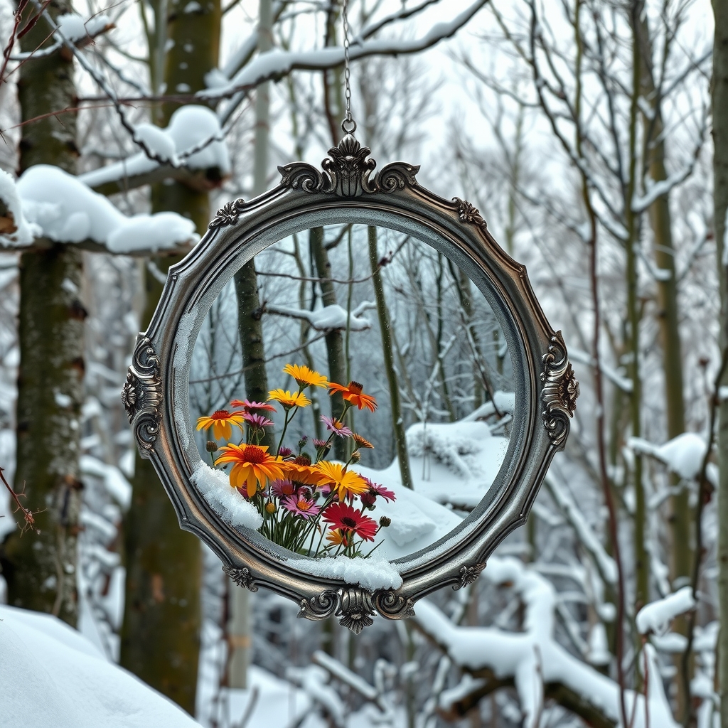 an old silver framed mirror floating in a snowy forest by मुफ्त एआई छवि जनरेटर - बिना लॉगिन के✨ | AIGAZOU