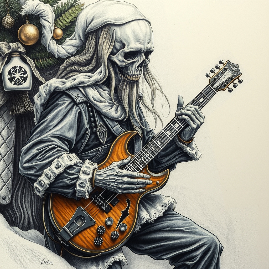 dark metal santa guitar bronze zombie drawing by मुफ्त एआई छवि जनरेटर - बिना लॉगिन के✨ | AIGAZOU