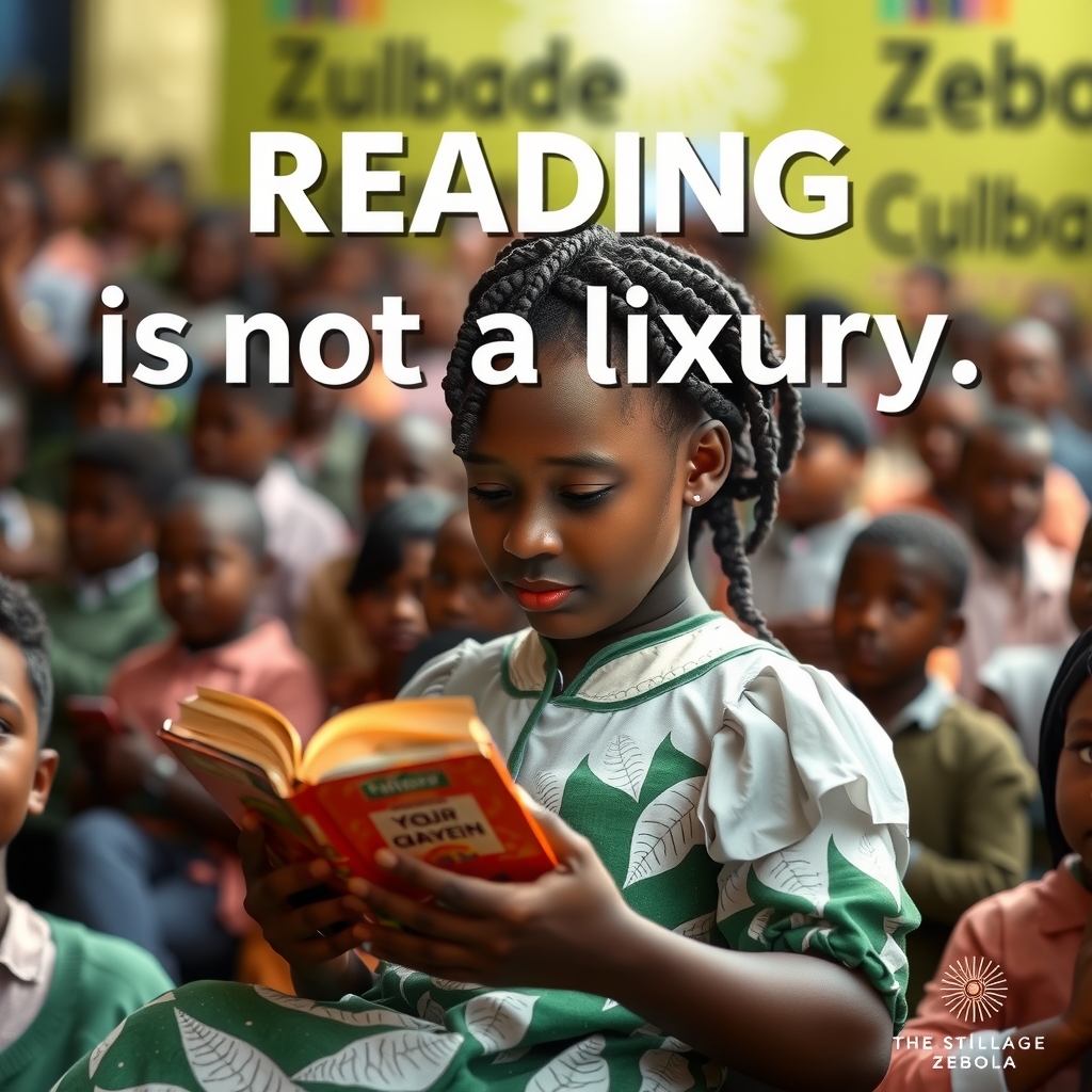 poster reading village zebola young black girl reading crowd by 免费AI图像生成工具 | AIGAZOU