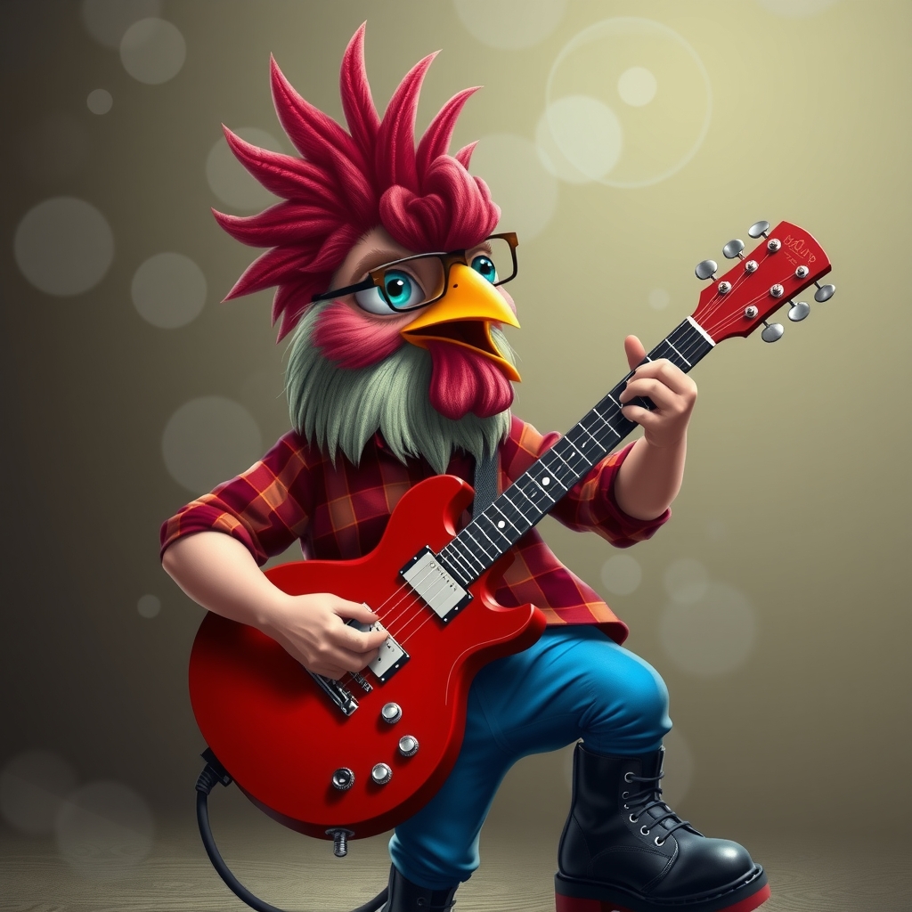 a rooster with blue eyes punk hair checkered shirt blue pants black boots plays guitar square glasses by मुफ्त एआई छवि जनरेटर - बिना लॉगिन के✨ | AIGAZOU