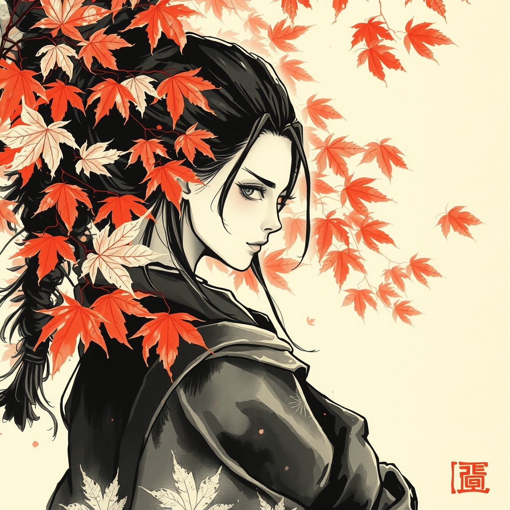 a female samurai with autumn leaves in ink painting by Générateur d'images par IA gratuit - Aucune connexion nécessaire✨ | AIGAZOU