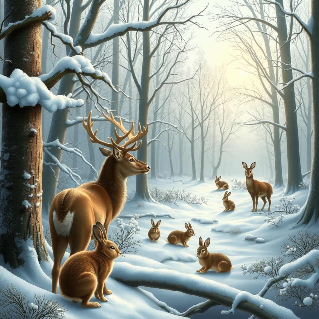 snowy fairy tale forest with realistic deer rabbits owl by मुफ्त एआई छवि जनरेटर - बिना लॉगिन के✨ | AIGAZOU