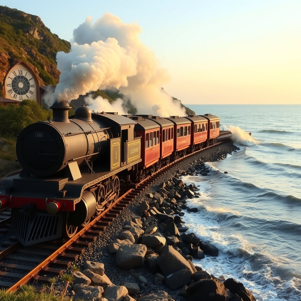 steam locomotive with 5 cars by the sea by मुफ्त एआई छवि जनरेटर - बिना लॉगिन के✨ | AIGAZOU