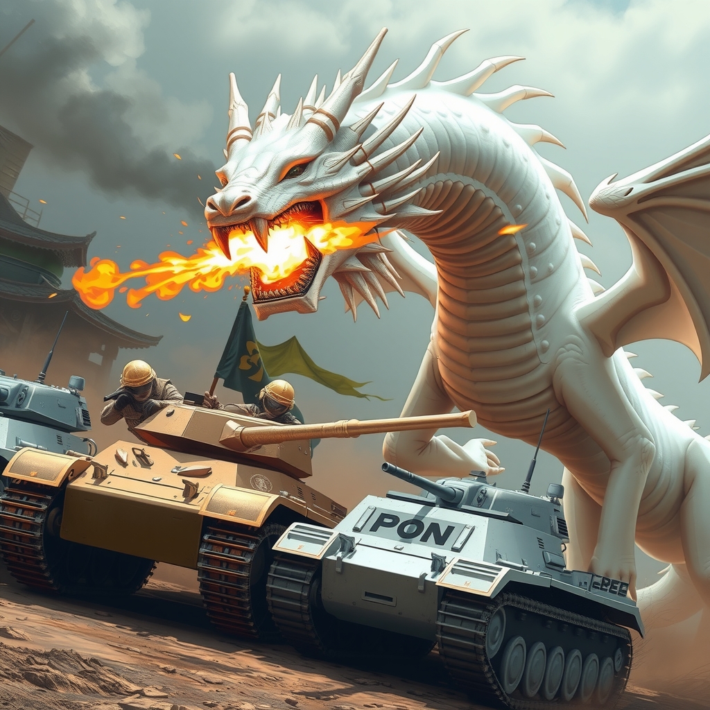 white dragon attacks tank team with fire by मुफ्त एआई छवि जनरेटर - बिना लॉगिन के✨ | AIGAZOU