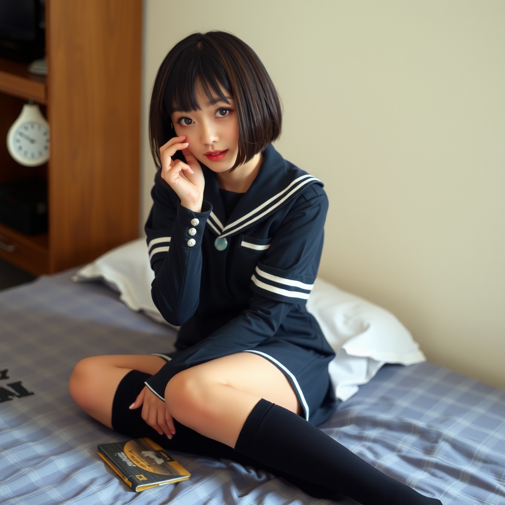 tearful eyes black knee high socks mini skirt sitting on bed camera view japanese bob cut uniform by मुफ्त एआई छवि जनरेटर - बिना लॉगिन के✨ | AIGAZOU