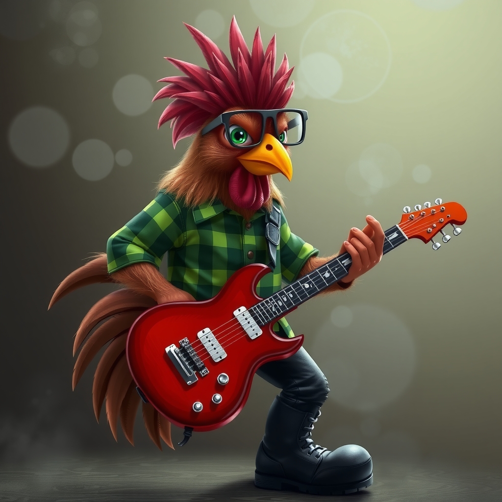 a rooster with green eyes punk hair green checkered shirt black pants black leather boots plays guitar wears square glasses by Générateur d'images par IA gratuit - Aucune connexion nécessaire✨ | AIGAZOU