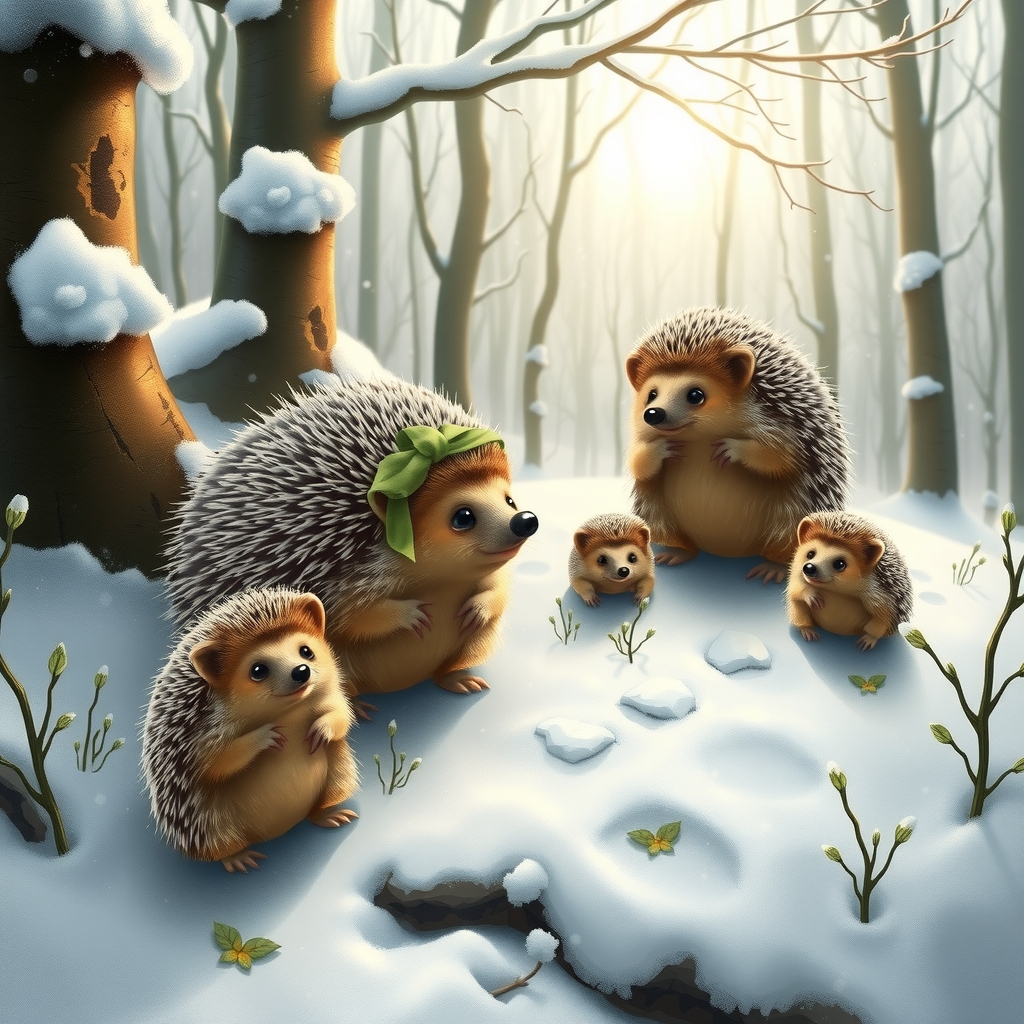 snowy fairy tale forest with hedgehog family by मुफ्त एआई छवि जनरेटर - बिना लॉगिन के✨ | AIGAZOU