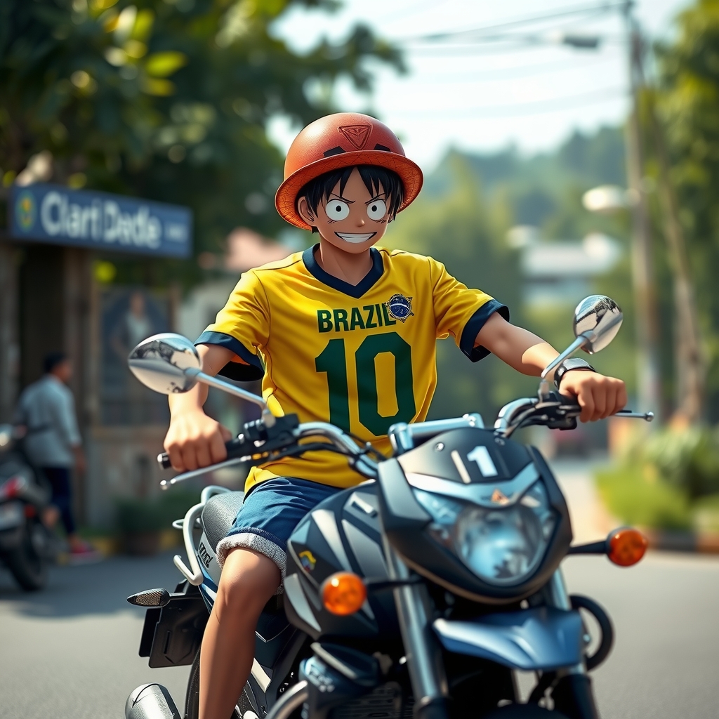 luffy with a brazil jersey 10 on a motorcycle by Générateur d'images par IA gratuit - Aucune connexion nécessaire✨ | AIGAZOU