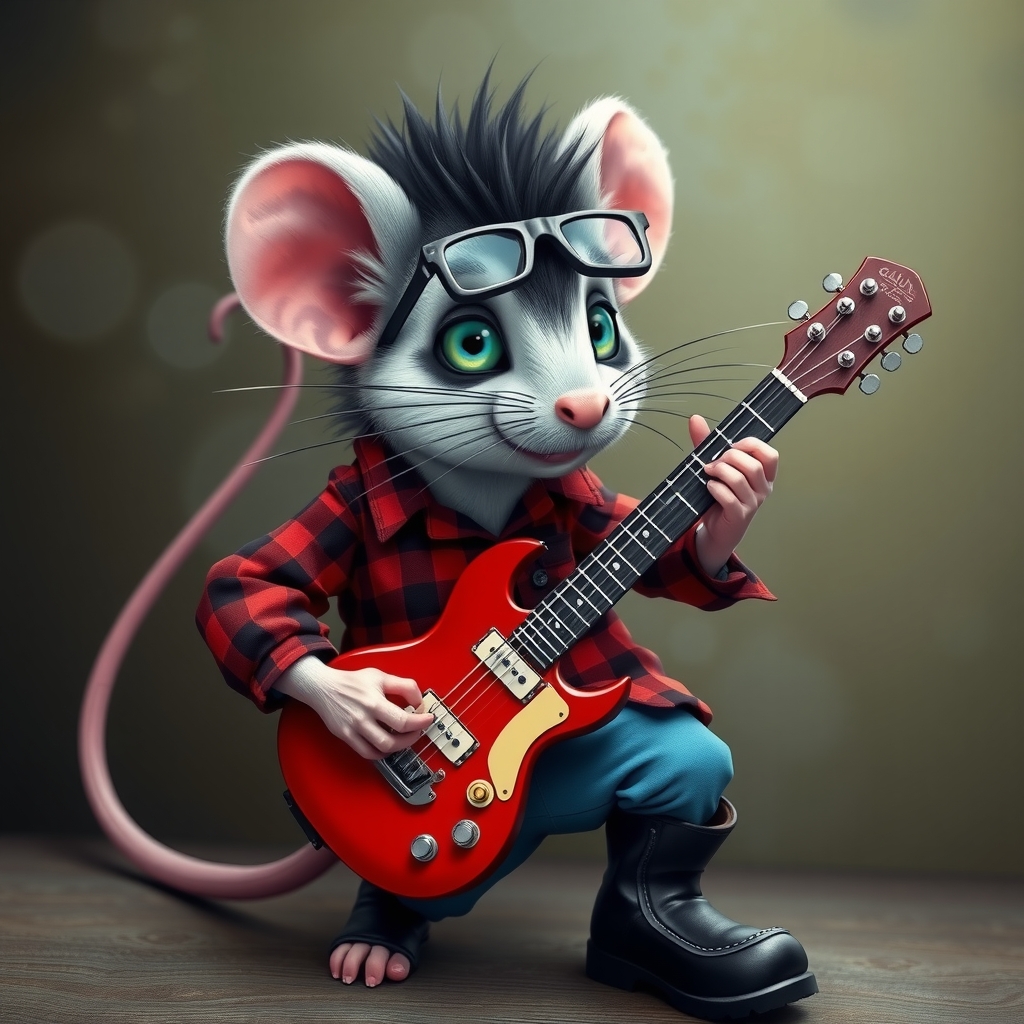 a black and white spotted mouse with blue green eyes and punk hair in a red checkered shirt blue pants by मुफ्त एआई छवि जनरेटर - बिना लॉगिन के✨ | AIGAZOU