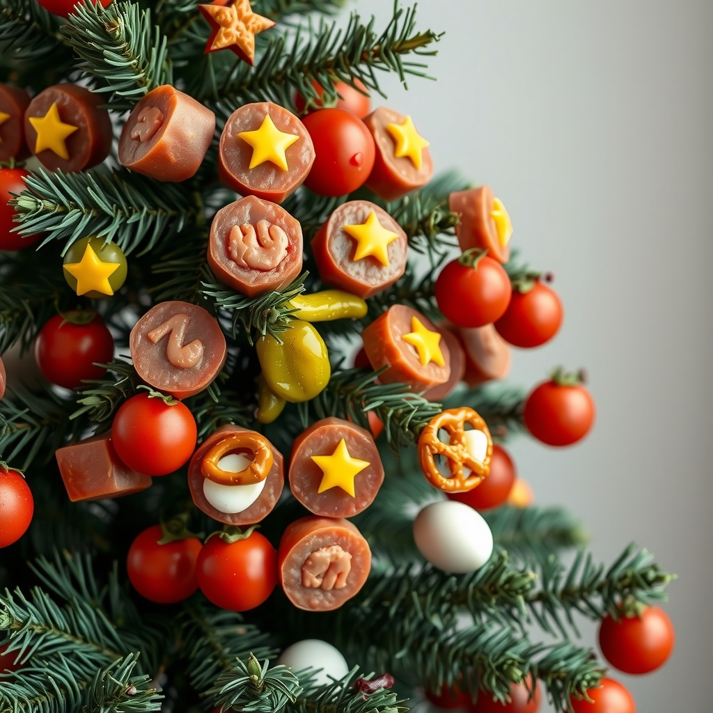 a christmas tree decorated with mini sausages pickles peppers radishes pretzels quail eggs and tomatoes topped with mustard mayo and by मुफ्त एआई छवि जनरेटर - बिना लॉगिन के✨ | AIGAZOU