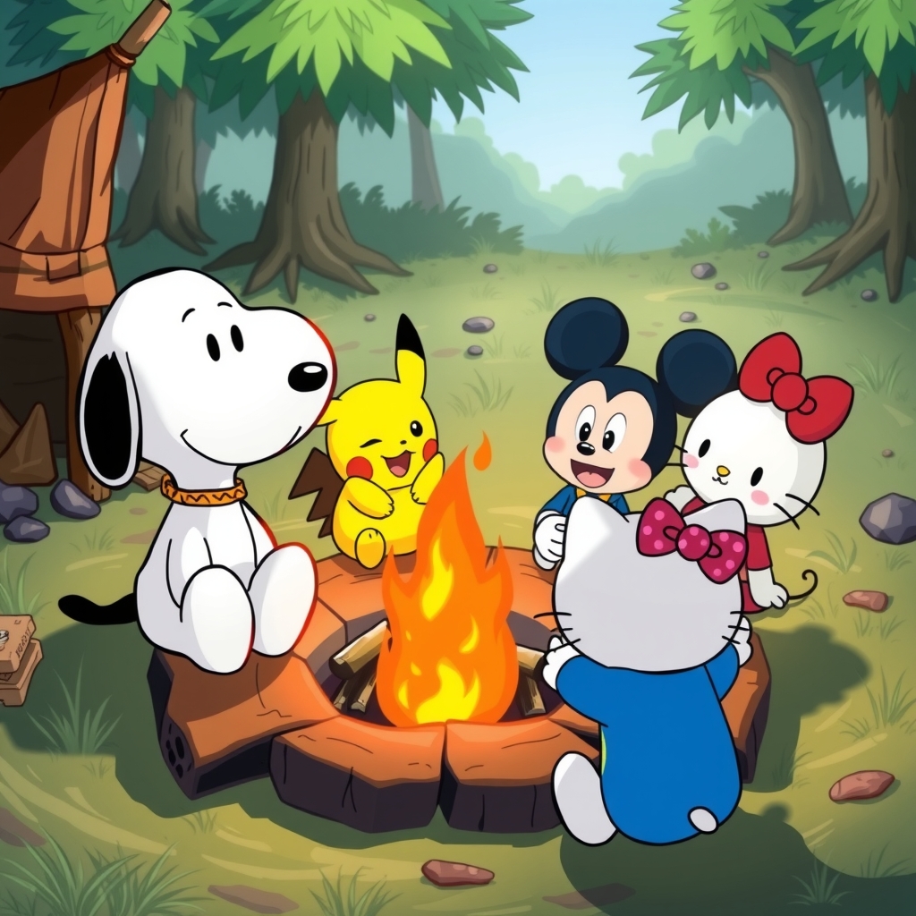 anime style snoopy pikachu doraemon mickey mouse kitty sitting around a campfire having fun by Générateur d'images par IA gratuit - Aucune connexion nécessaire✨ | AIGAZOU