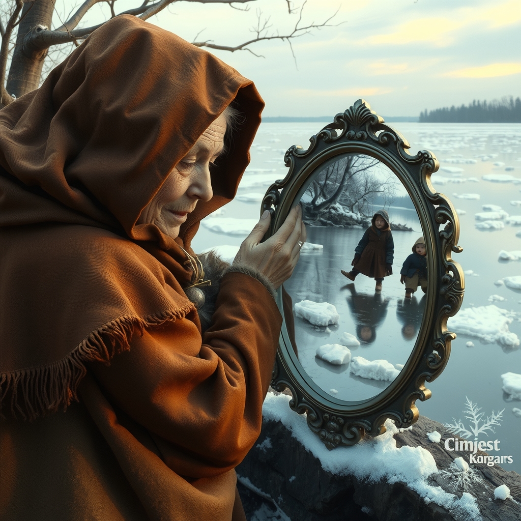 an old woman with worn brown cloak by frozen lake by मुफ्त एआई छवि जनरेटर - बिना लॉगिन के✨ | AIGAZOU