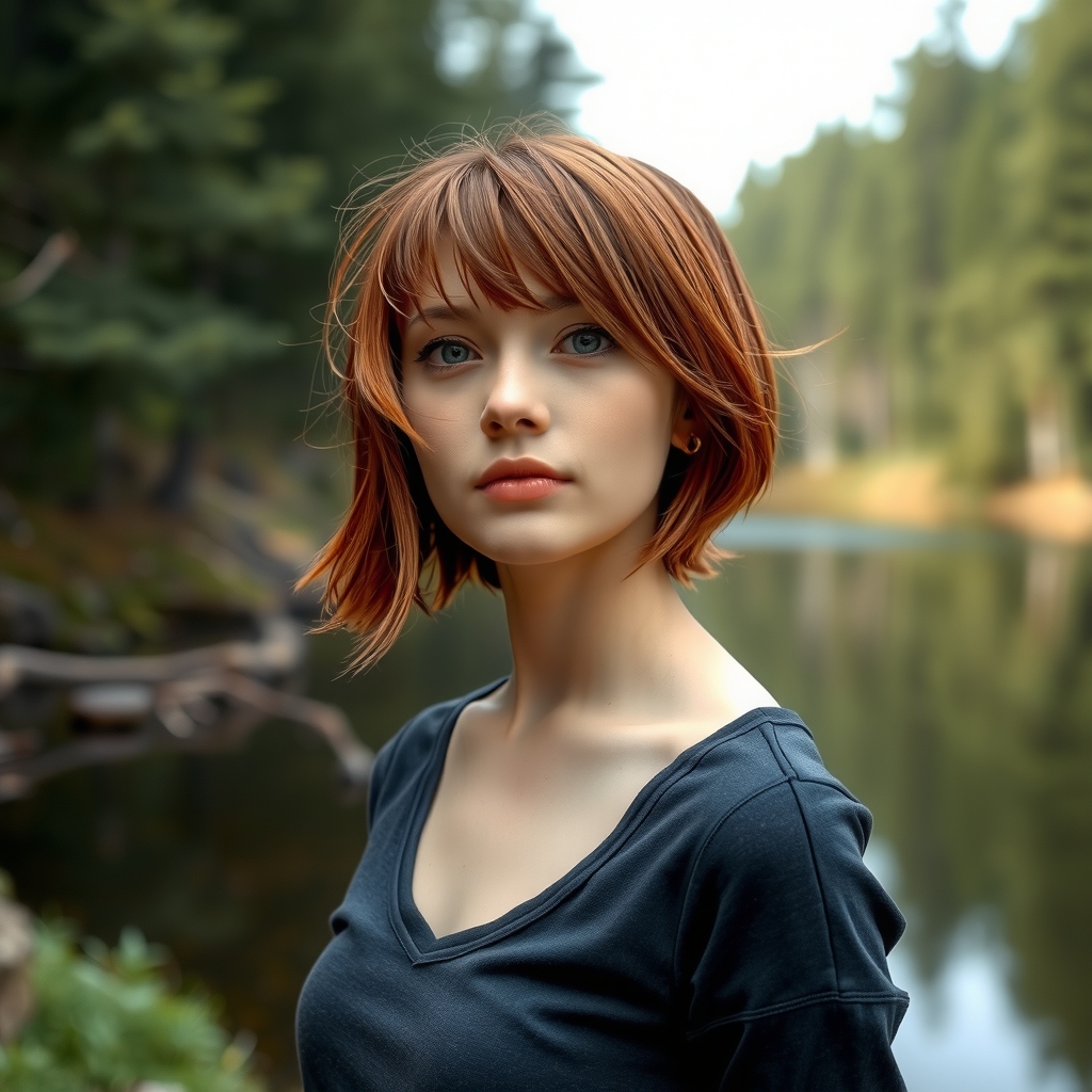 a full body photo of a 25 year old woman with short brown hair standing by a forest lake by मुफ्त एआई छवि जनरेटर - बिना लॉगिन के✨ | AIGAZOU