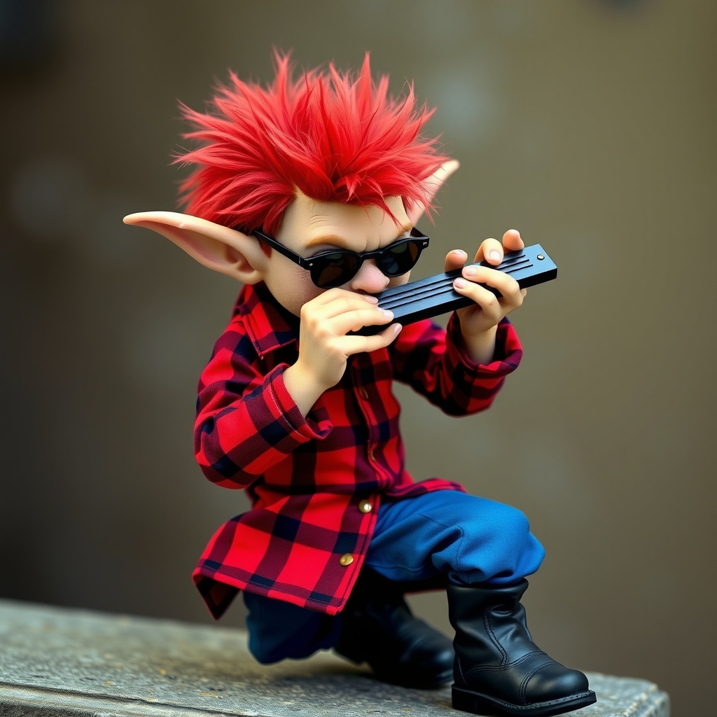 a punk elf in a checkered shirt blue pants black boots and tinted sunglasses playing harmonica by मुफ्त एआई छवि जनरेटर - बिना लॉगिन के✨ | AIGAZOU