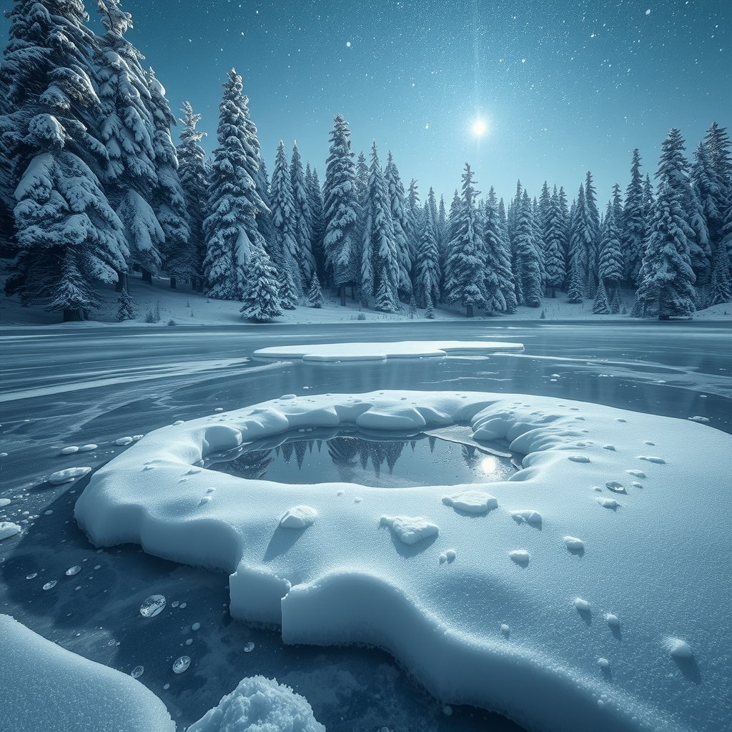 a frozen lake in a snowy forest sparkles like a gem by Générateur d'images par IA gratuit - Aucune connexion nécessaire✨ | AIGAZOU